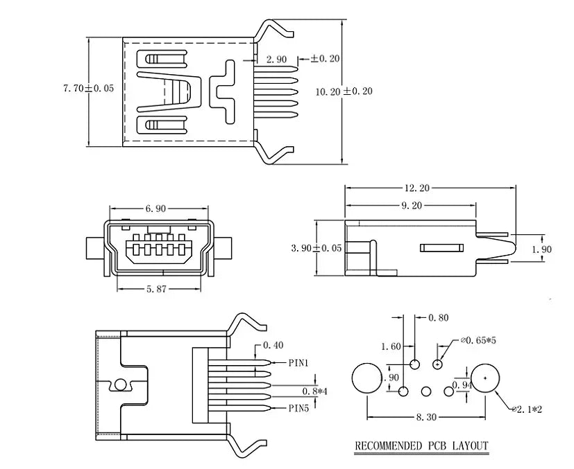 10Pieces 9Types Mini USB Connector B Type USB 2.0 Jack 5pin SMT DIP PCB Board Sink 1.7 USB Socket Female Jack 2.0