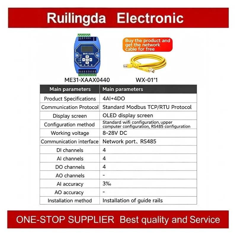 Industrial I/O Networking Module AI/AO/DI/DO 4-20mA 0-20mA, RJ45 RS485 Modbus TCP/RTU Gateway with OLED Display, DC 8-28V Powere