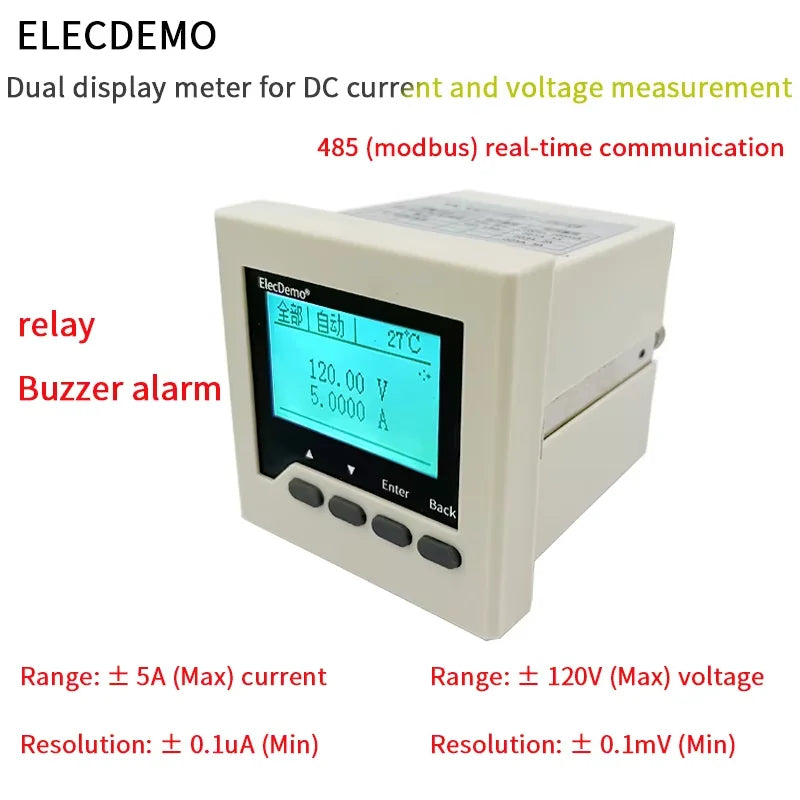 High Precision Isolated Dual Display DC Voltmeter Ammeter Panel Meter, uA Level Detection Threshold Alarm, RS485 Modbus RTU LED