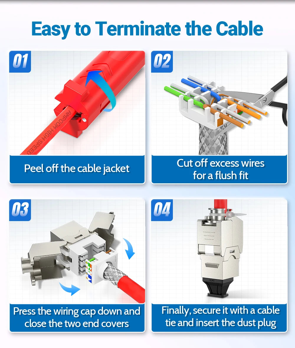 AMPCOM Pro Cat7/6A/6 Shielded Keystone Jack, Zinc Alloy Toolless RJ45 Connector with 50u Gold Plated Pins for High-Speed Network