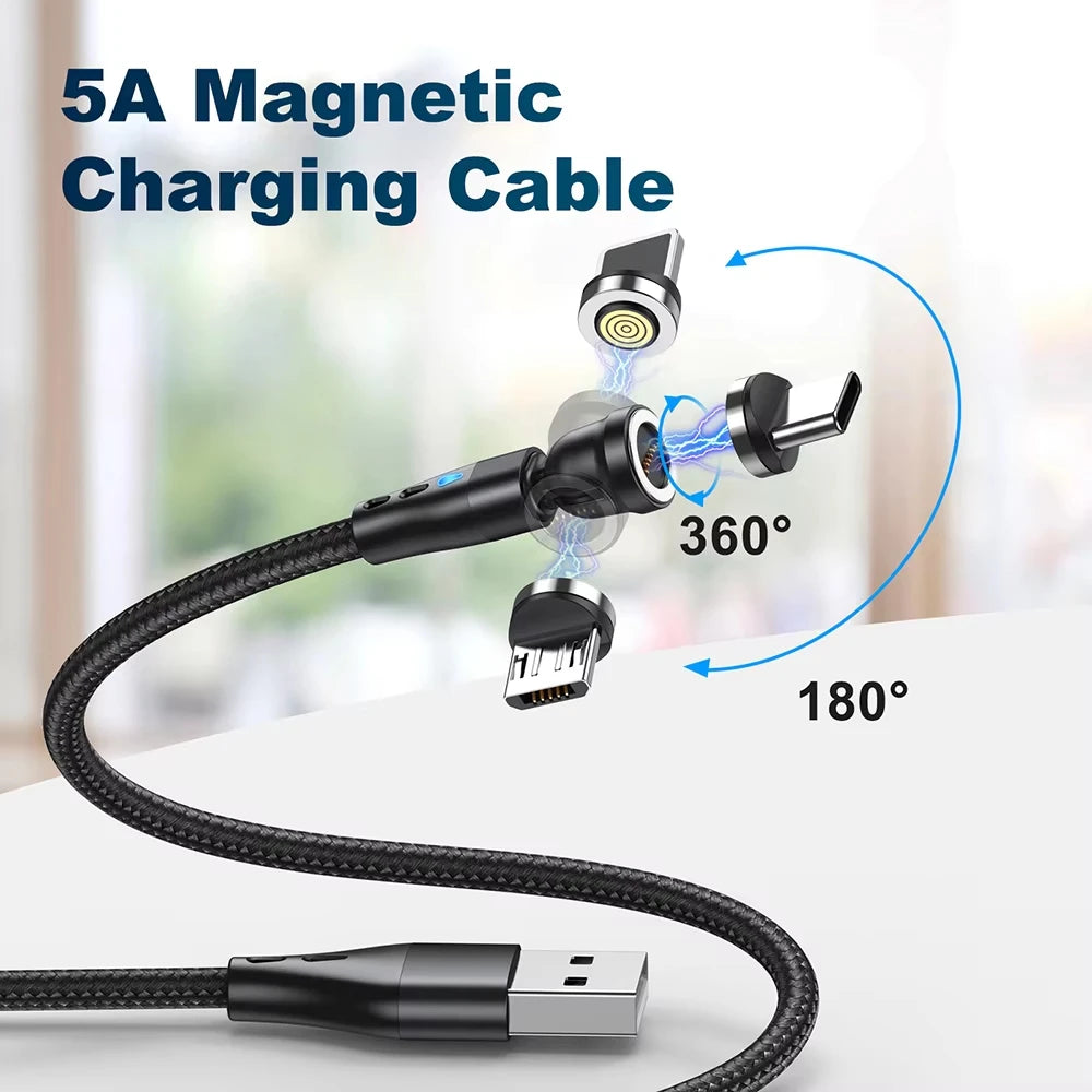 3A Fast Charging Magnetic Cable 540° Rotating USB Type C Micro Data Cable for Samsung Huawei Xiaomi Android Phone Charger Wire