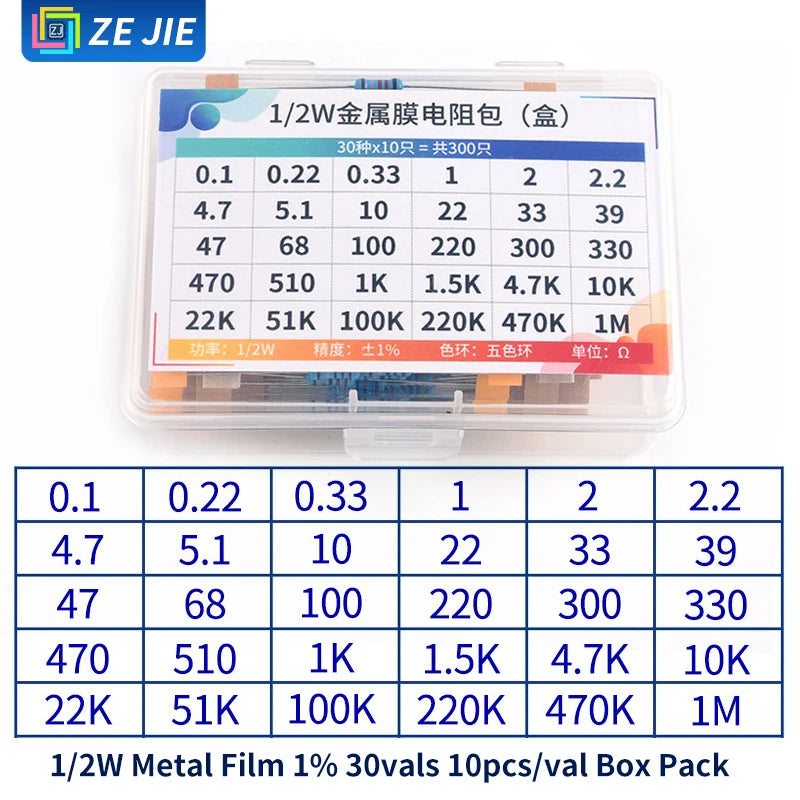 1/4W Metal Film Resistor Assortment Kit, 1/2W 1W 2W 3W 5W Through Hole Electronic Components Pack, 30/41/130 Kinds 1% Tolerance