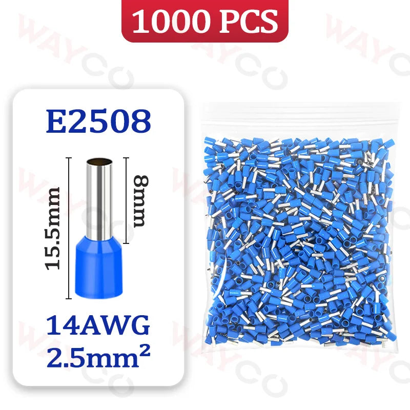 1000PCS Tubular Crimp Terminals Electrical Wire Cable Ferrules Connectors E0508 E7508 E1008 E1508 E2508 E4009 E6012 Ring Sleeve