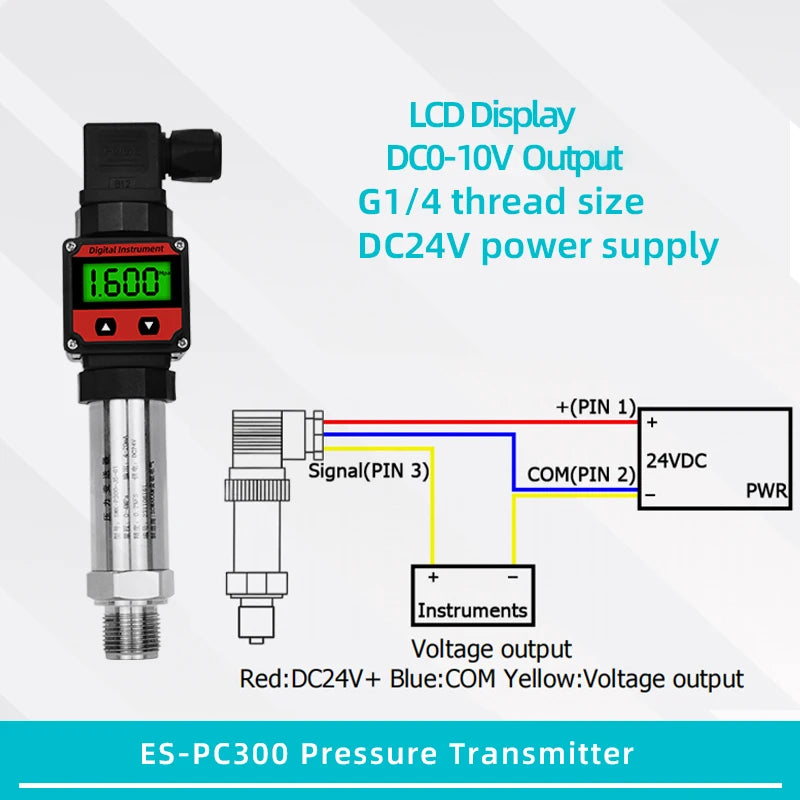 LCD Pressure Transmitter Measurment -1-0-1000bar 4-20mA 5V 10V Output Water Oil Gas Pressure Sensor G1/4 Pressure Transducer