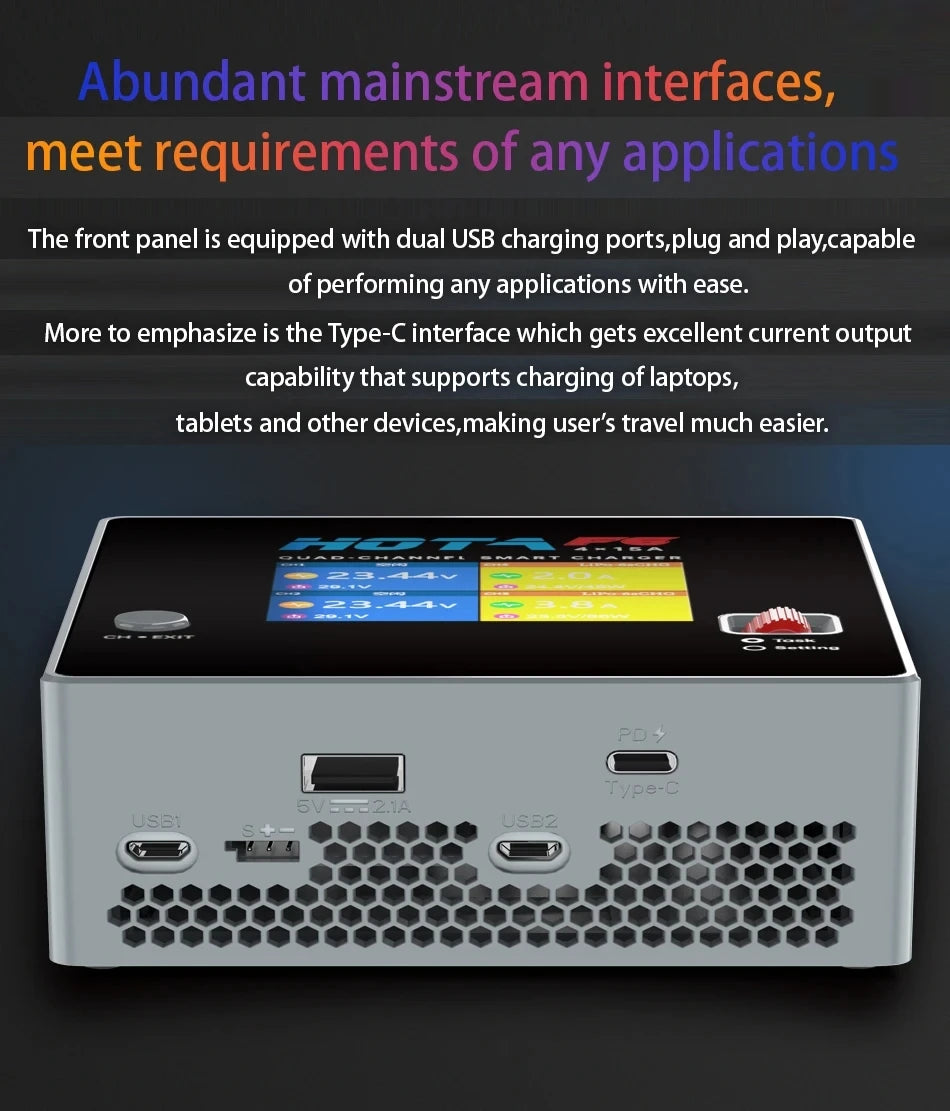 HOTA F6 QUAD-CHANNEL SMART Charger DC1000W 4*15A for Lipo LiIon NiMH Lipo Battery Balance Charger Discharger with USB 45W Type-C