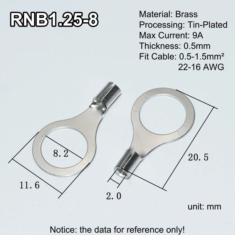 100pcs RNB Brass Ring Bare Terminal Block Connector Cable Lugs Wire Crimping Tips Electrical Connection Strips 12V 2.5mm 4mm 6mm