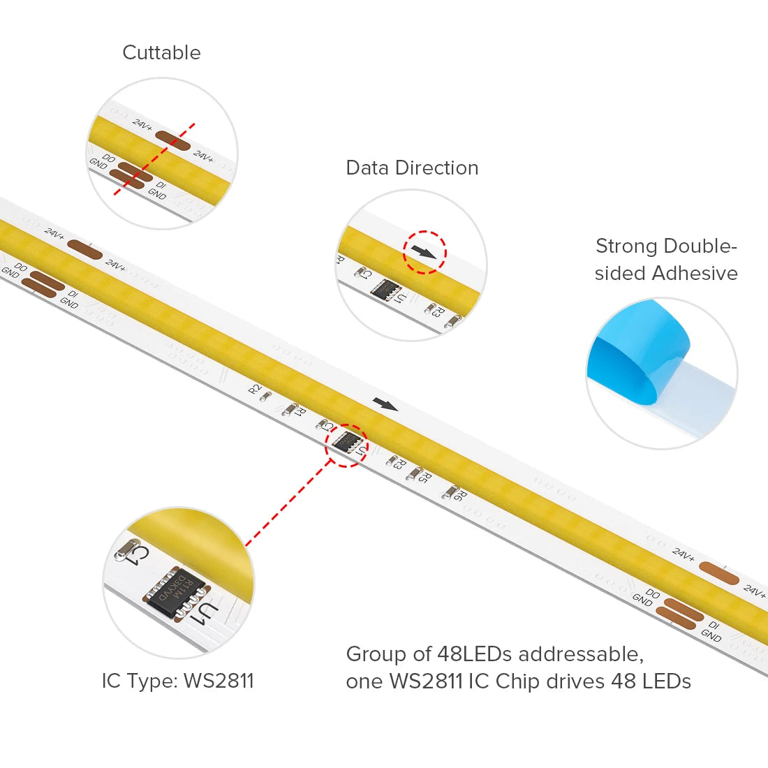 FCOB SPI CCT IC LED Light Strip WS2811 Addressable 576 LEDs 2700K to 6500K 10mm DC24V Flexible FOB High Density COB Lights RA90