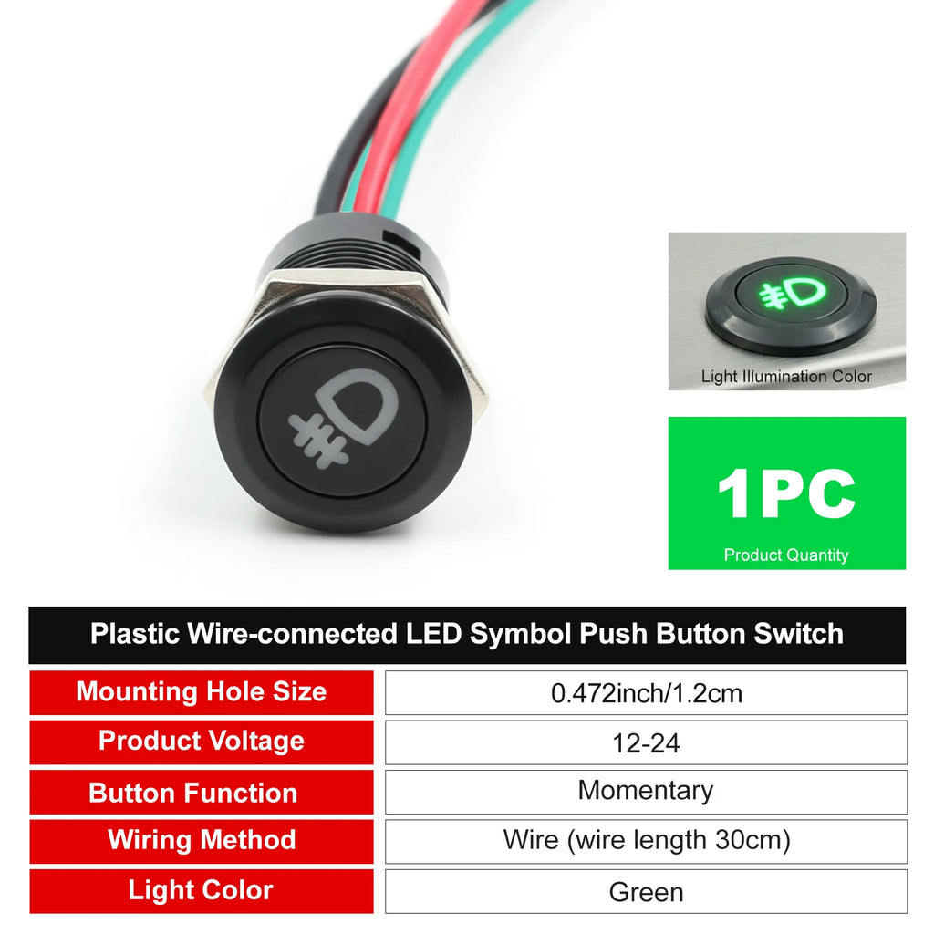 12mm Plastic Push Button Switch IP65 Waterproof 12V 24V Pre-Wired Symbol LED Dash Indicator Switch for Car Marine Boat RV Truck