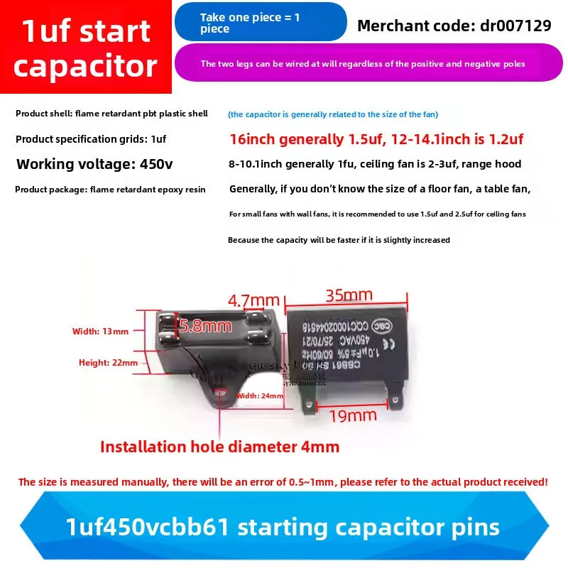 CBB61 Fan Air Conditioner Starting Capacitor 450V 1/1.2/1.5/2/2.5/3/3.5/4/4.5/5/6/7/8/10/12UF Ceiling Fan Hood Motor Capacitor