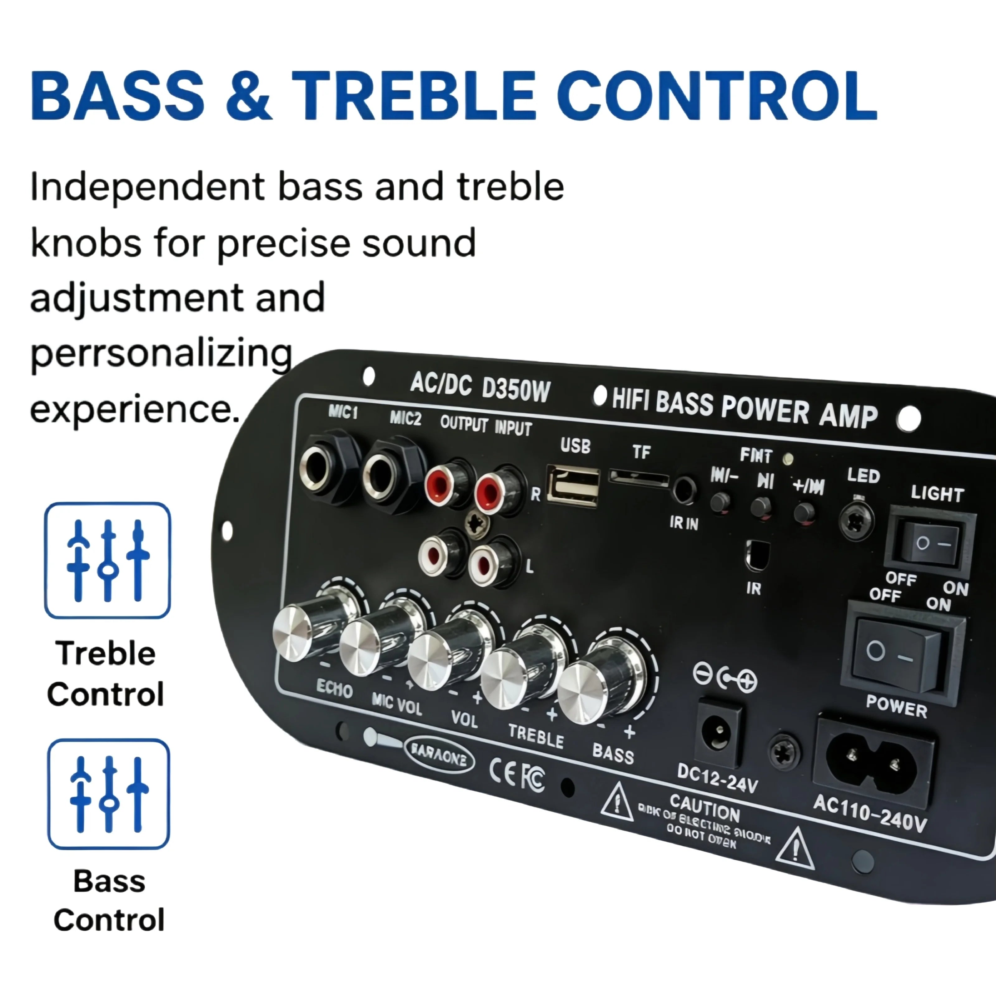 Woopker D350W HIFI Bass Power Amplifier 100W Bluetooth/USB/TF/FM Amplifier board Dual Mic AD/DC Digital Amplifier Board for home