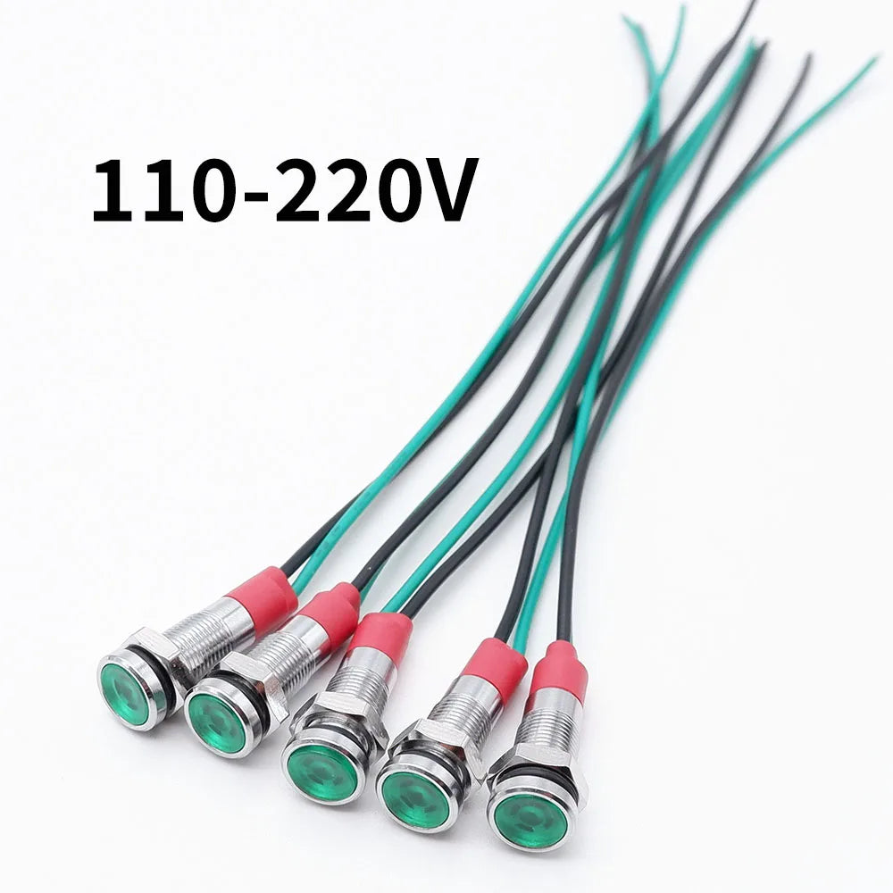 5pcs 6mm Metal Indicator Light LED Warning Signal Lamp Pilot With Wire 3V 5V 6V 12V 24V 220V Red Orange Blue Green White