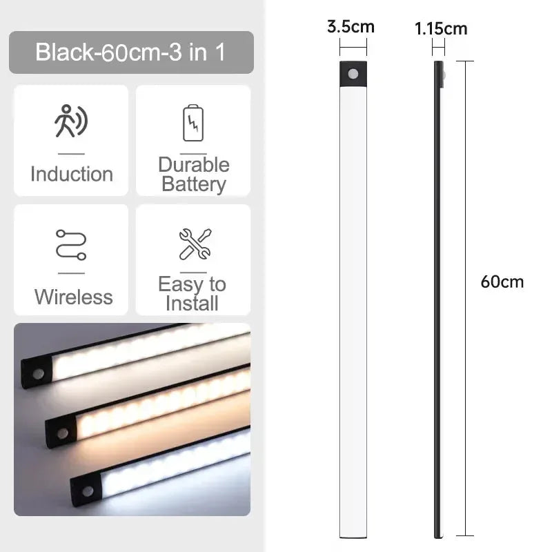 10-60cm USB Rechargeable Ultra-Thin Motion Sensor Light Magnetic Mount  3-Color Adjustment Under Cabinet Light for Home Office