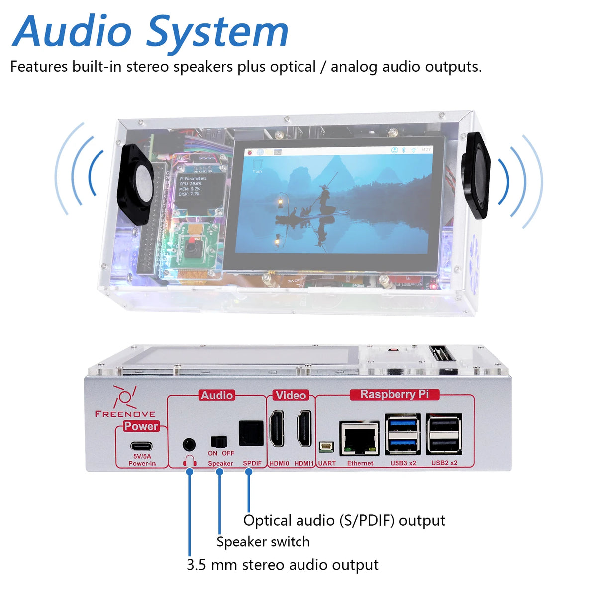 Freenove Computer Case Kit for Raspberry Pi 5 with M.2 NVMe SSD 4.3 Inch Touchscreen 5 MP Camera OLED Screen Stereo Speakers