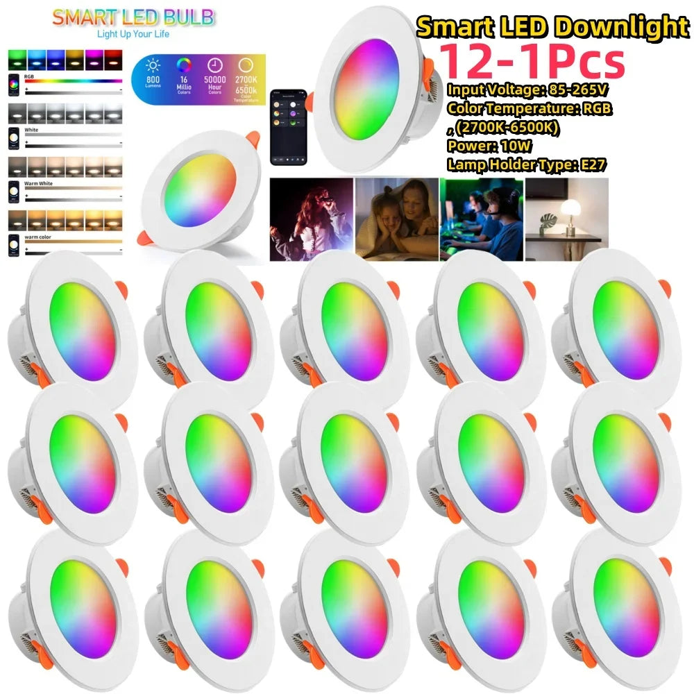 12-1Pcs RGB LED Bulb Tuya Dimmable Downlight Spotlight Bluetooth-Compatible Lamp 10/15W APP Control GB+CW+WW Smart Lamp