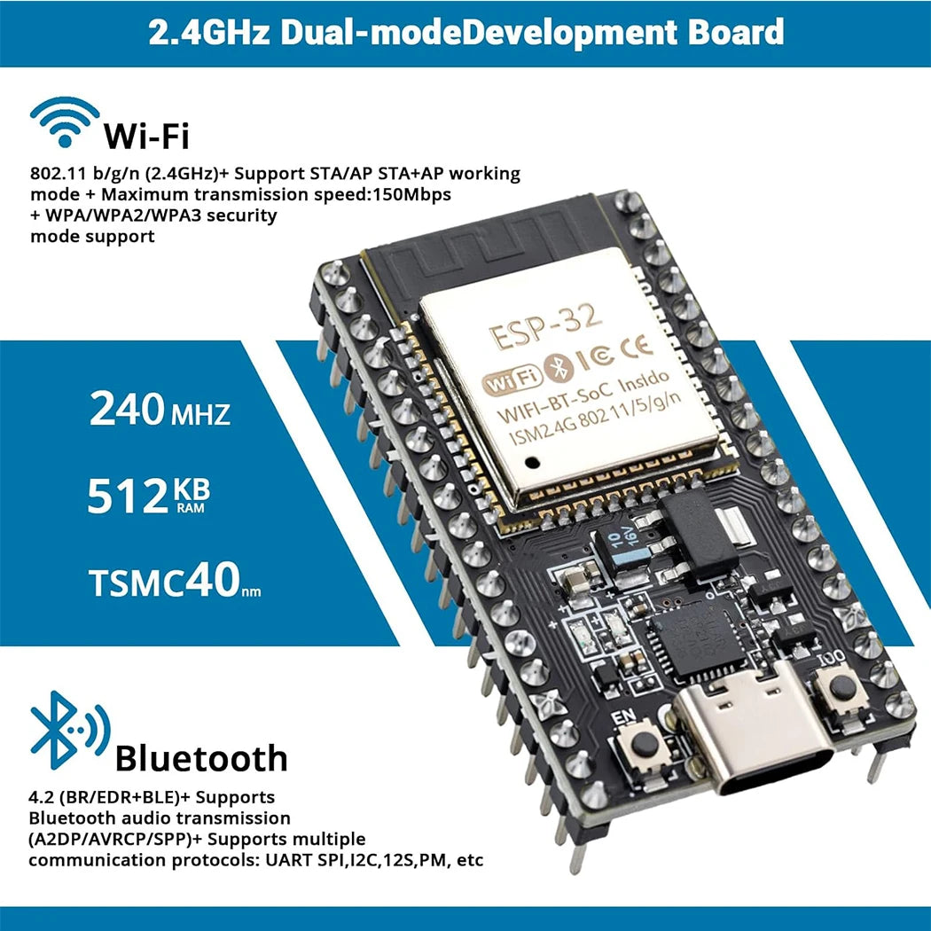 Type-C ESP32 ESP-WROOM-32 Development Board WiFi + Bluetooth CP2102 Dual Core 2.4Ghz Microcontroller Compatible with Arduino