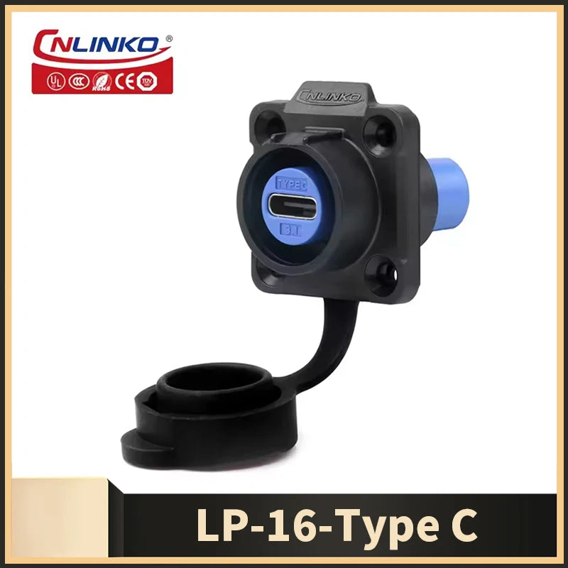 Cnlinko LP16 Waterproof Type-C 3A Female Socket Jacks Panel Mount USB C Connector for Fast Charging Data Transfer 10Gbps