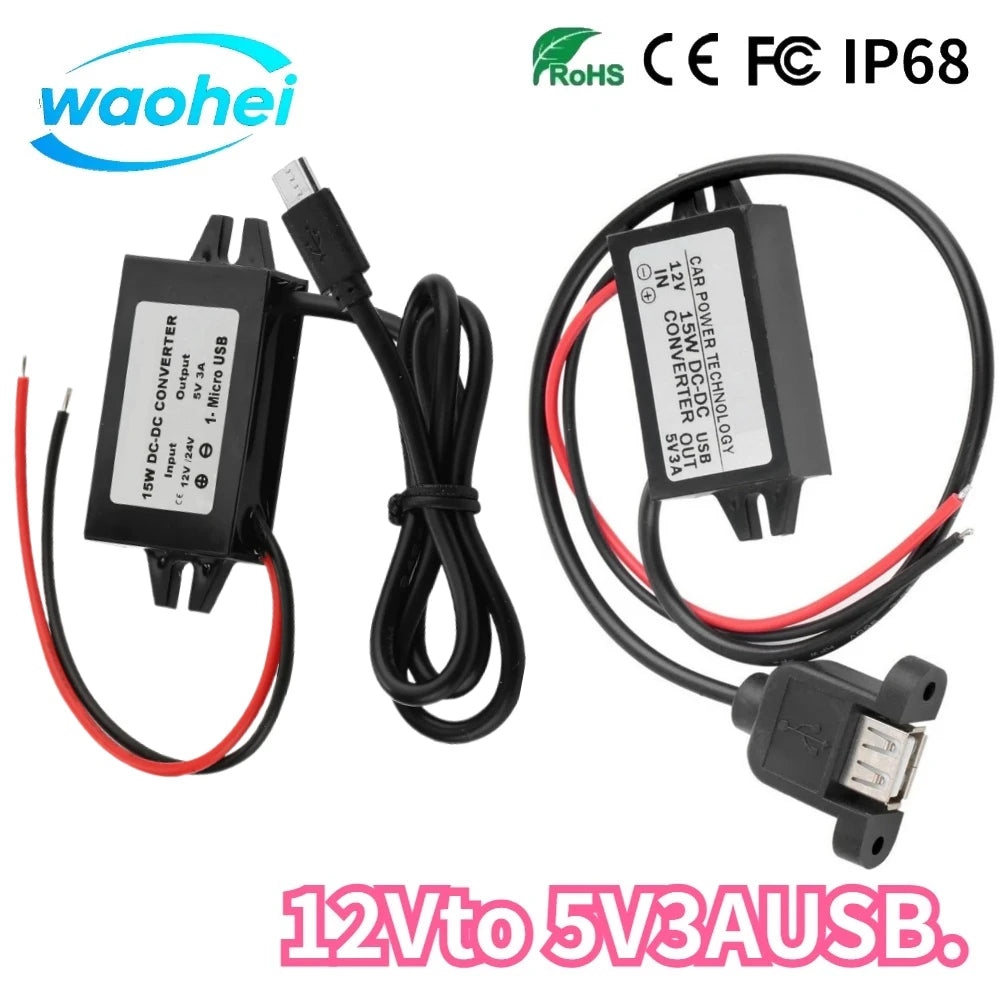 DC-DC Step Down Module Power Converter 12V to 5V 3A Wire/Dual Ear USB /Type C/dual USB/Adapter USB-A Female Connector Waterproof