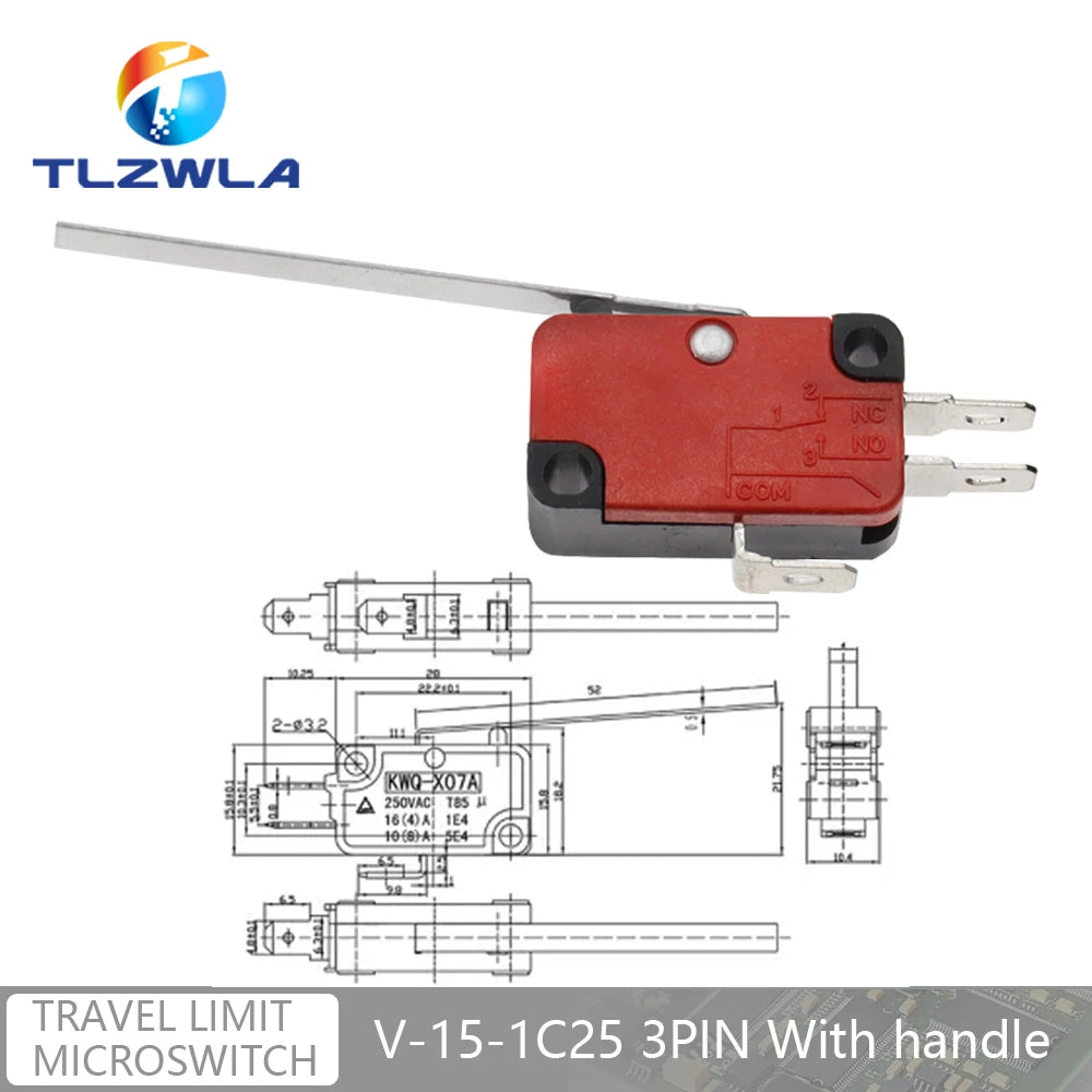 16A 250VAC SPDT Momentary Travel Limit Micro Switch 1NO1NC 3/6Pin Lever Roller V-15 V-151 V-152 V-153 V-154 V-155 Microswitch