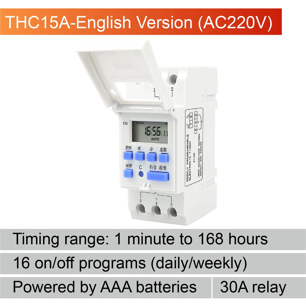 THC15A Digital Timer Switch Programmable Time Switch 30A DIN Rail Weekly Timer Relay 12V 24V 110V 220V LCD Controller