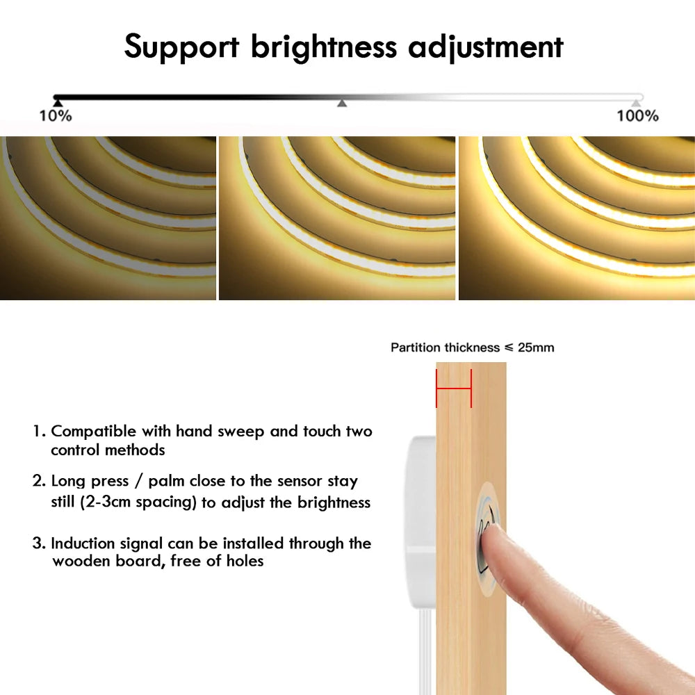 12V 24V Touch Dimmer COB LED Strip Light Hand Sweep Induction Switch US EU Power Kit Flex 320LEDs Tape Bedroom Kitchen Lighting