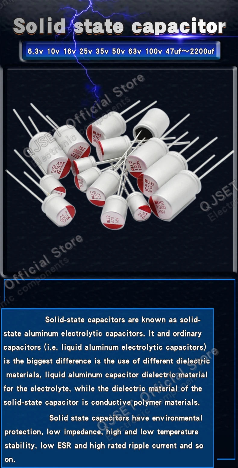 10pcs DIP Solid Capacitors 6.3V 10V 16V 25V 35V 50V 63V 100V 47μF 100μF/220/470/560/680/1000/2200 μF Electrolytic Capacitors