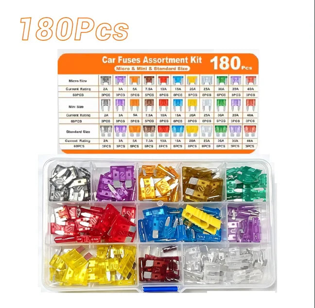 100/180 Piece Automotive Fuse Set, Complete Range of Current Specifications. Color-Coded Amperage for Quick Identification; High-Quality Conductive Metals with Good Conductivity and Sensitive Melting Properties. Transparent C