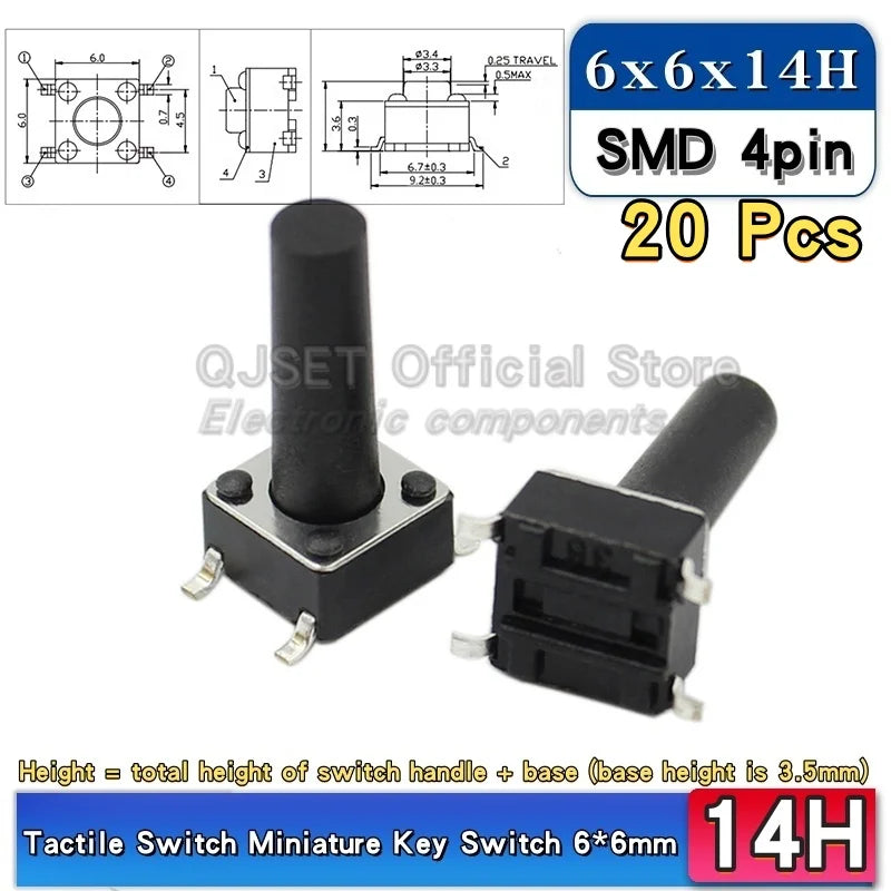 20pcs SMD Tactile Switch 6*6*4.3mm 6x6x5/6/7/8/9/10/11/12/13/14mm 6X6 4-Pin SMT Induction Oven Touch Tactile Button Micro Switch