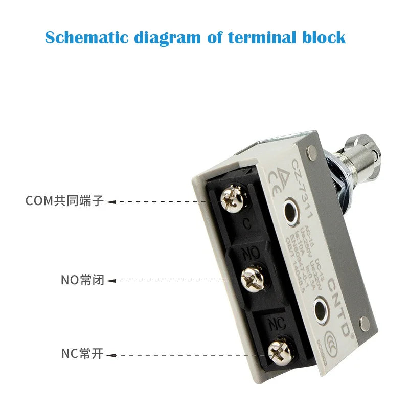 Limit Switch, CNTD CZ‑7312 reinforced plastic housing 1NO1NC contact, 10A 250VAC IP65 panel mount roller plunger, micro travel s