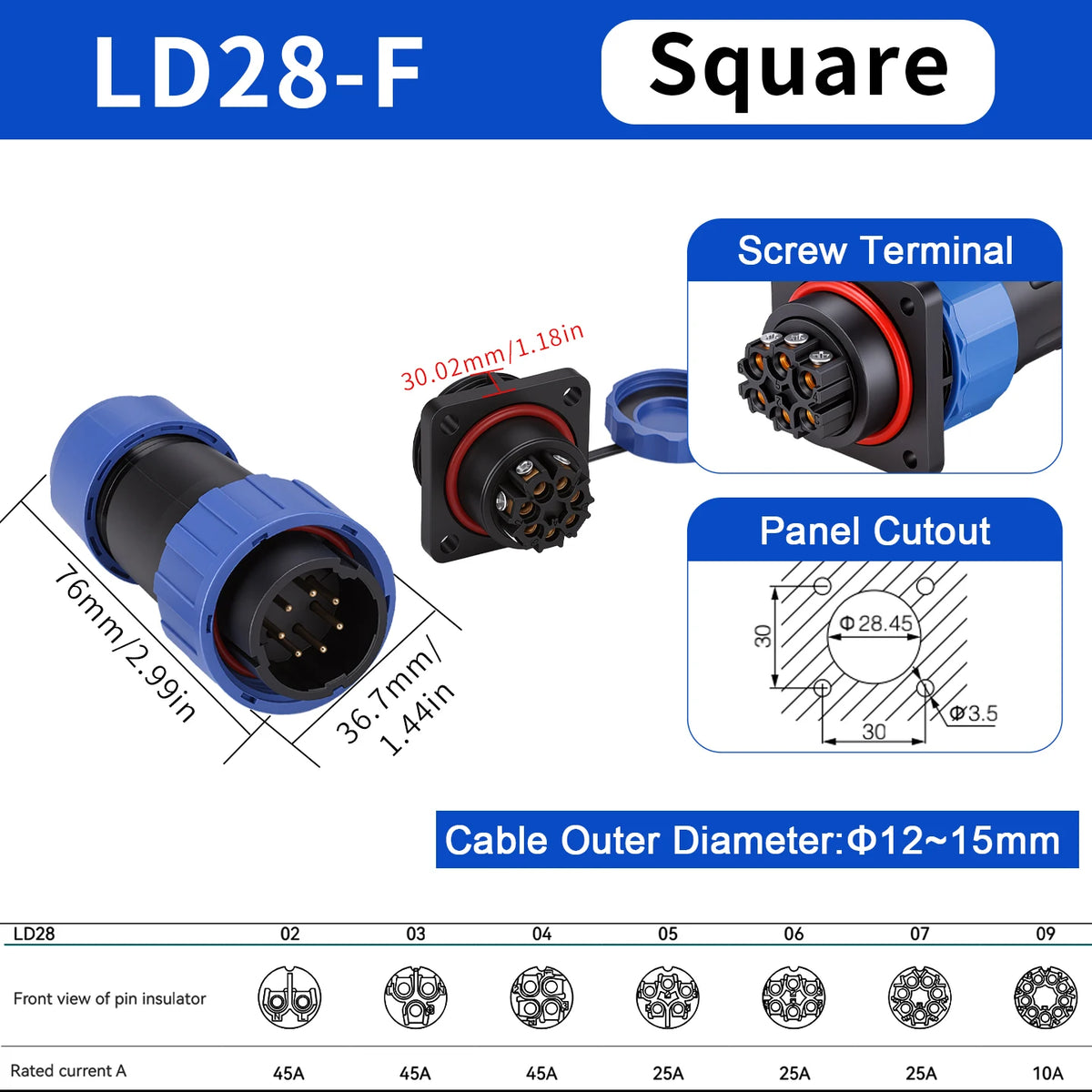 IP68 Waterproof Aviation Connector LD12/16/20/28 Male Plug Female Socket 2 3 4 5 6 7 9 Pin Solder‑free Wire Cable Connector