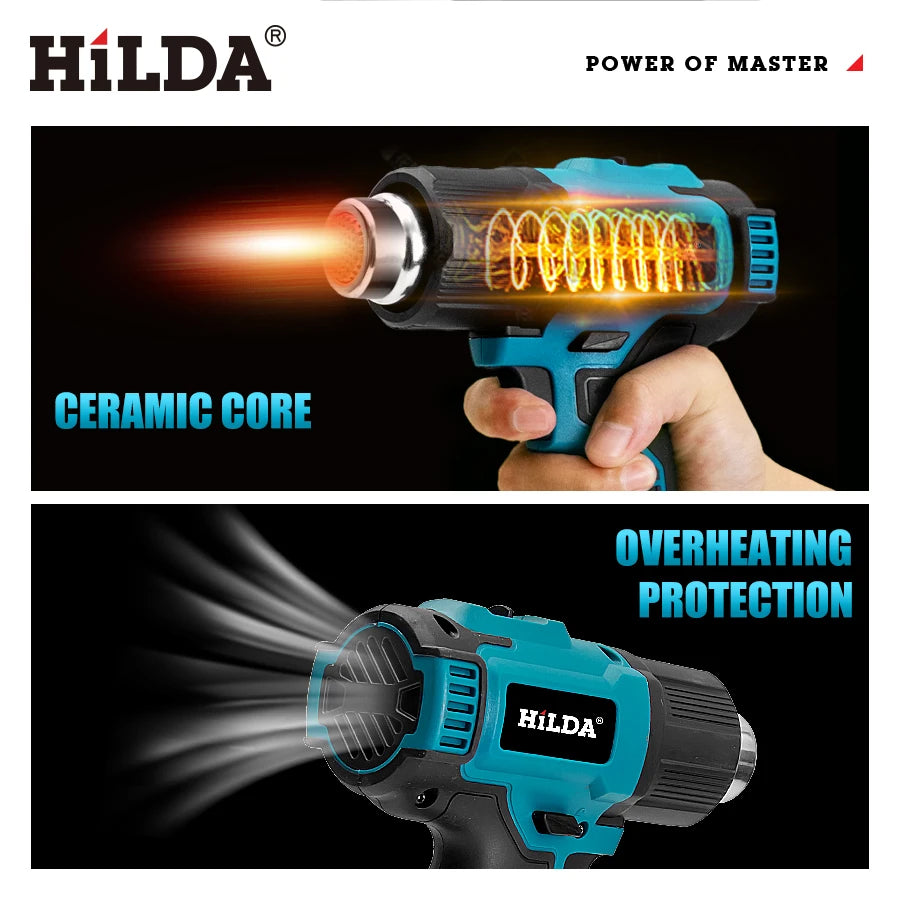 HILDA Cordless Heat Hot Air Gun Temperature Adjustment Electric Shrink Wrapping Tool Dryer With Nozzles for Makita 18V Battery