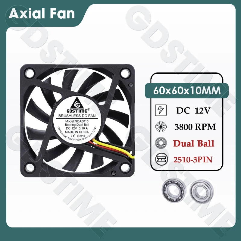 Gdstime 60MM Fan 24V 12V 5V Cooler 60x60x10MM Axial Cooling Fan 6010 Dual Ball Brushless Dupont USB Fan for PC Case CPU Cooling
