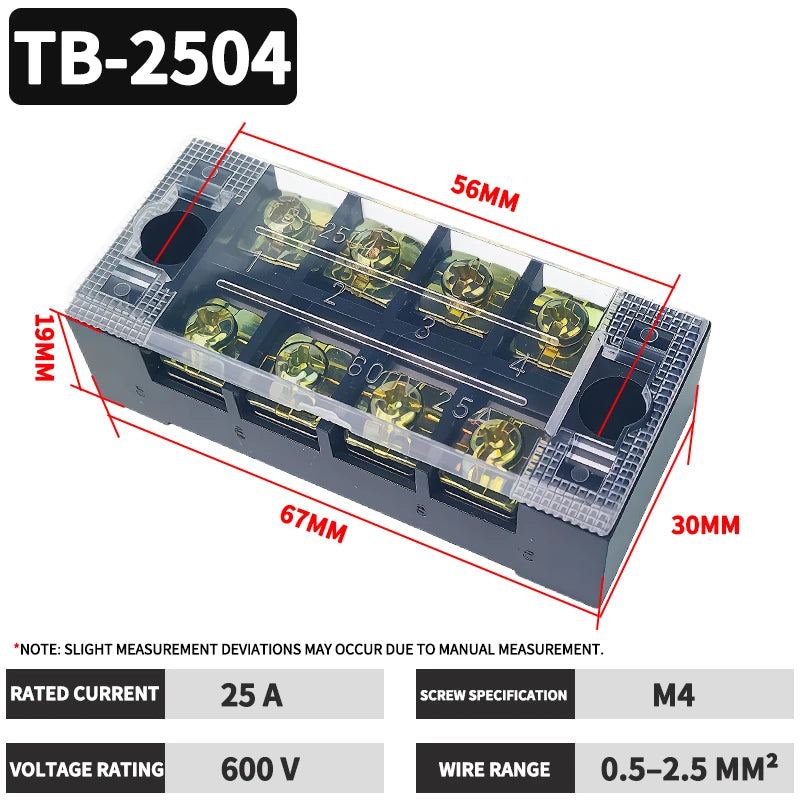 1PCS Flame Retardant TB2504 Terminal Block Strip 25A 600V - Durable Thick Copper Screw Wire Connector for Electrical Panel