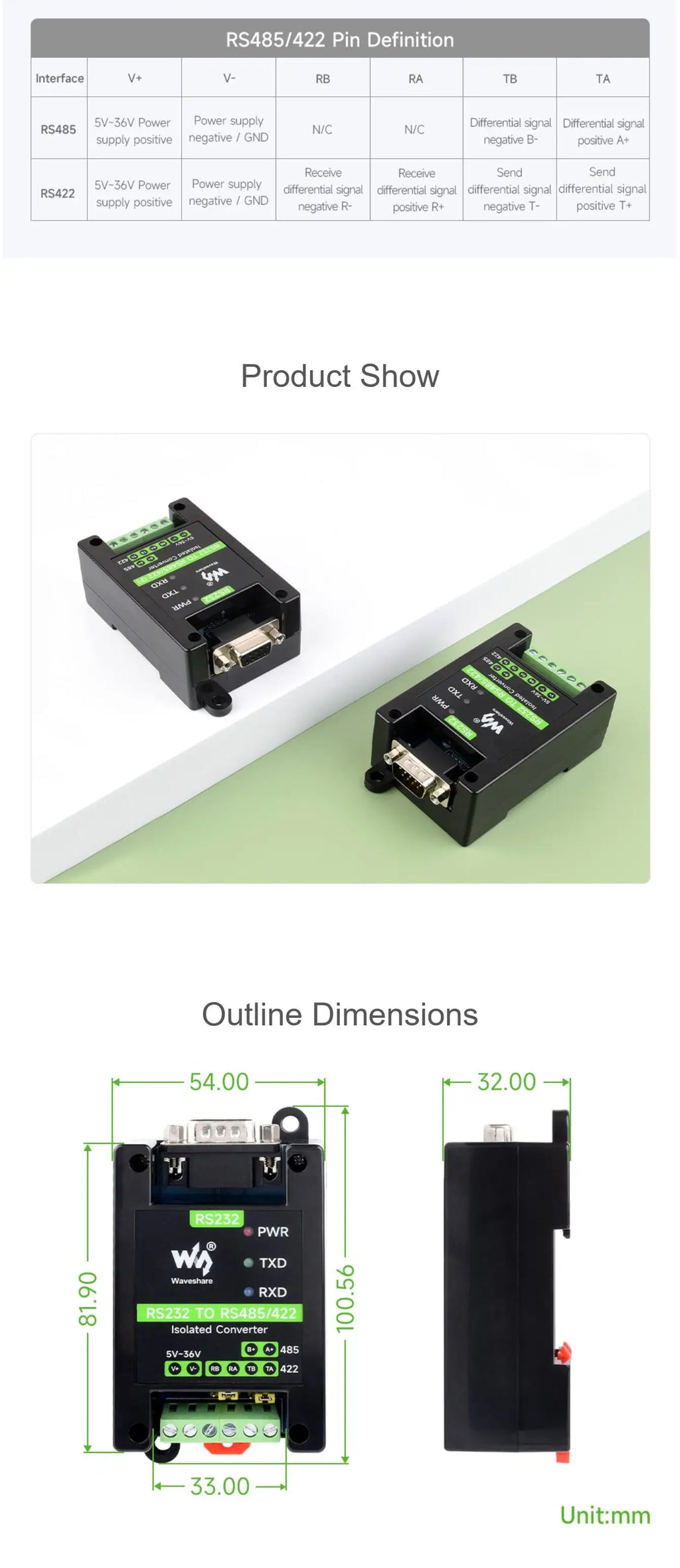 RS232 To RS485 RS422 Active Digital isolated Converter Onboard Original SP3232EEN SP485EEN Chips Options for RS232 DB9 Male