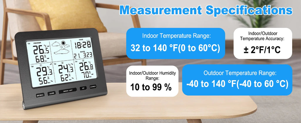 3 Sensors Weather Station with 100m Wireless Transmission Backlight LCD Alarm Clock  for Indoor/Outdoor Temp Humidity Monitor