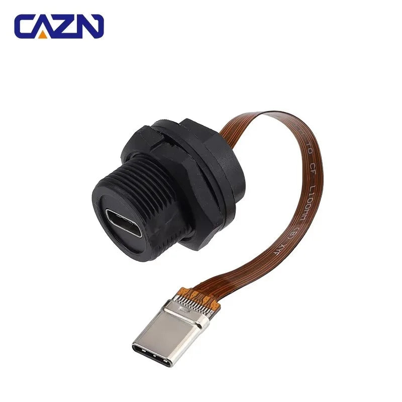 CAZN Waterproof IP67 IP68 Type C Female to Male PFC Flat Cable 3.1 Speed Threaded-type Type-C 3.1 10GB 3A 20V