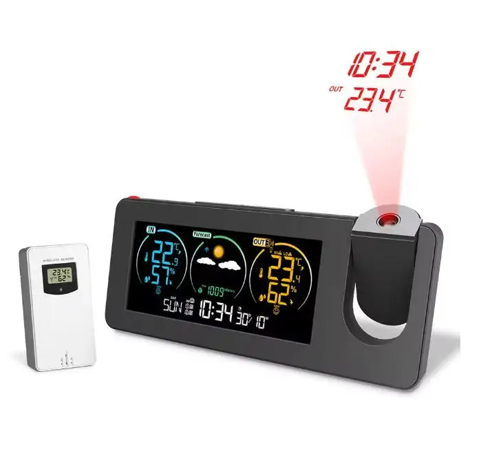Digital Weather Projection Alarm Clock In/Outdoor Color Screen Temperature Humidity Meter Barometer Wireless Forecast Sensor