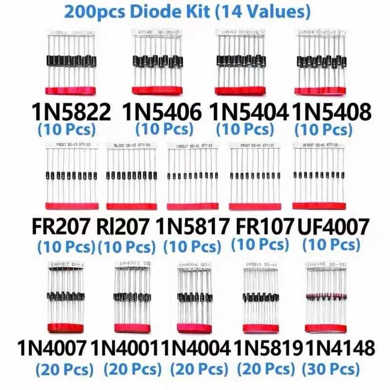 14 Values Fast Switching Schottky Diode Assorted Kit 1N4001 1N4004 1N4007 1N5408 UF4007 FR207 1N5817 1N5819 1N5822 1N4148 RL207