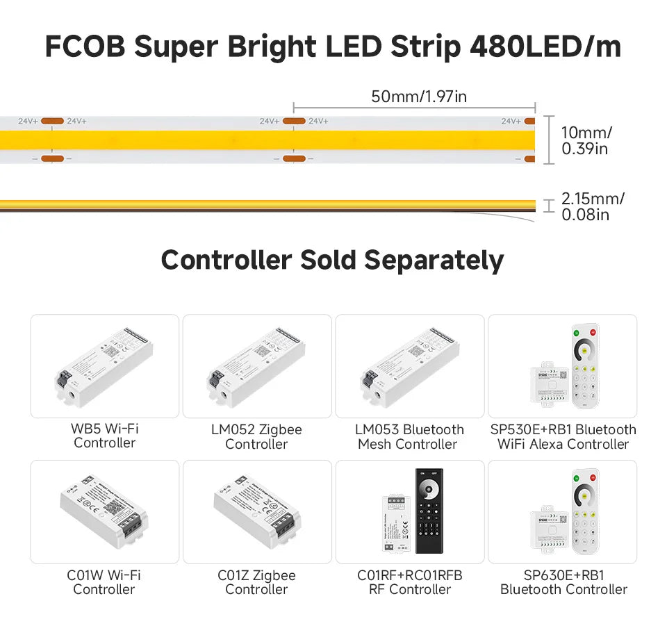 Super Bright 480 LEDs FCOB LED Strip Ultral Bright Efficient COB Light 2700K 6000K Dimmable Linear Flexible RA90 UL CE DC24V