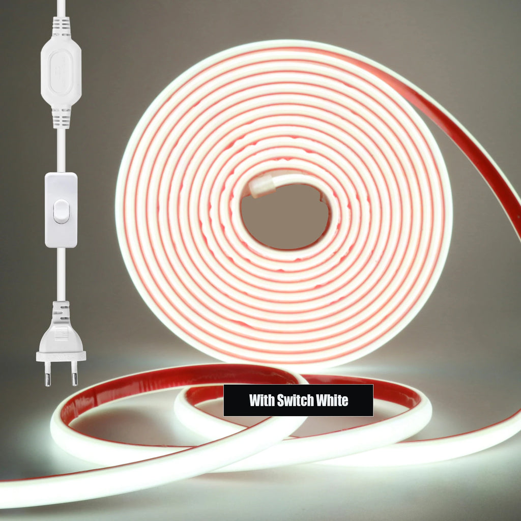 220V Dimmable COB LED Neon Strip Light 288Leds/M IP67 With Switch/Dimmer EU Plug Flexible Adhesive Tape for Home Garden Lighting