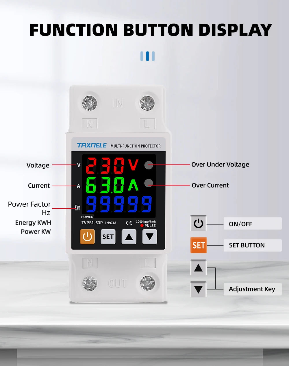 63A 230V Din Rail Adjustable Over Under Voltage Protective Device Protector Relay Over Current Protection Energy KWH Meter