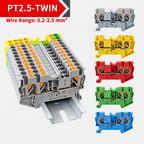 10PCS PT2.5-TW DIN Rail Terminal Block Twin 3-Conductor Feed Through Push In Spring Connector 2.5mm2 NS35 Electrical Wiring