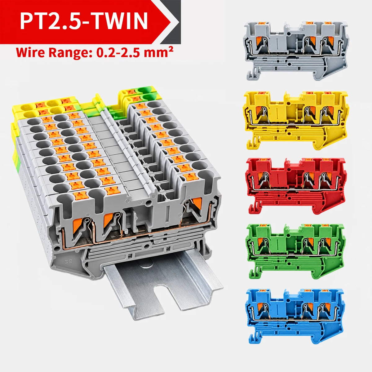 10PCS PT2.5-TW DIN Rail Terminal Block Twin 3-Conductor Feed Through Push In Spring Connector 2.5mm2 NS35 Electrical Wiring