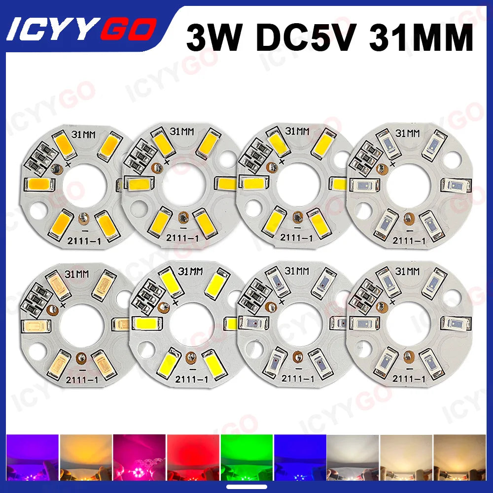 10 Pieces LED 3W 5V USB Light Board SMD 5730 Chip Red Green Warm White Yellow Purple Round Changing Light Source With 20 Cm Cabl