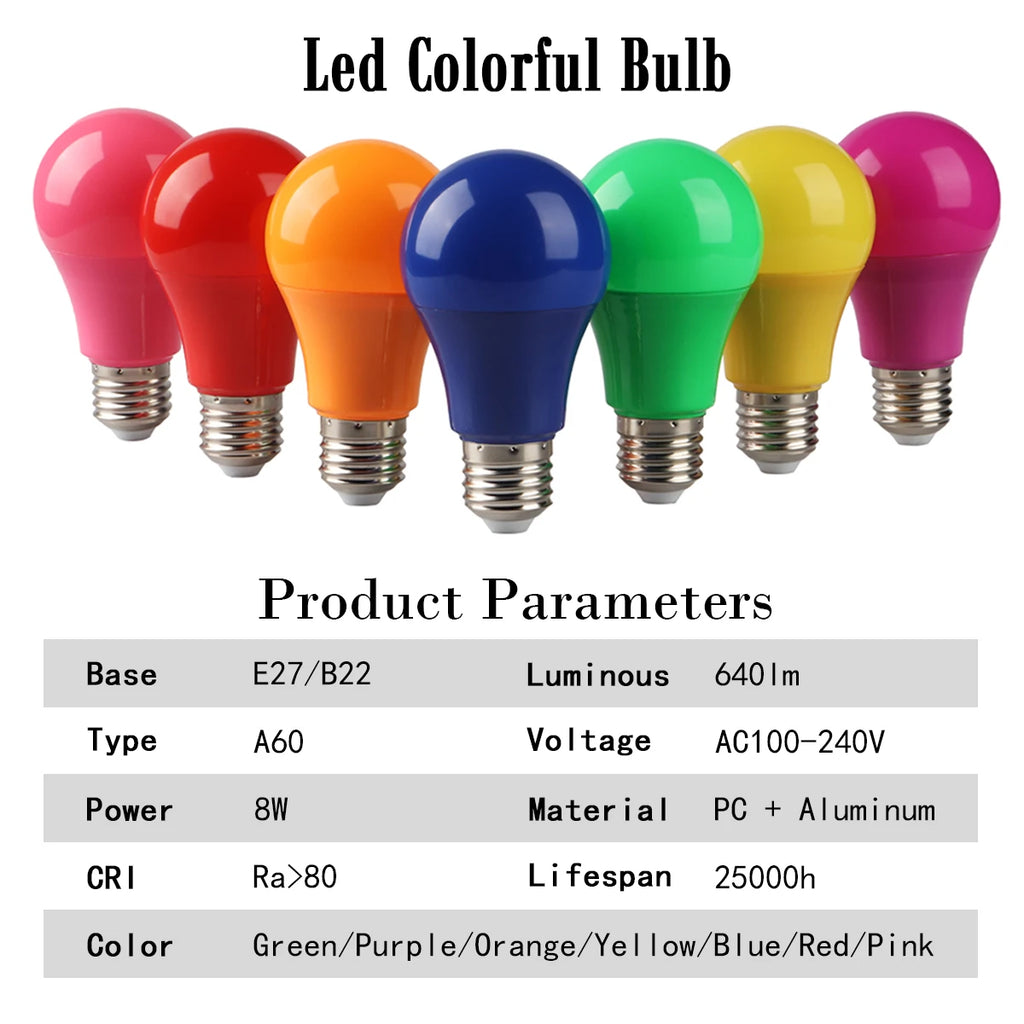 2-10pcs Colorful Bulb B22 E27 110V 220V Red Yellow Blue Green Pink Purple Orange Light Bulb Lamp for Home