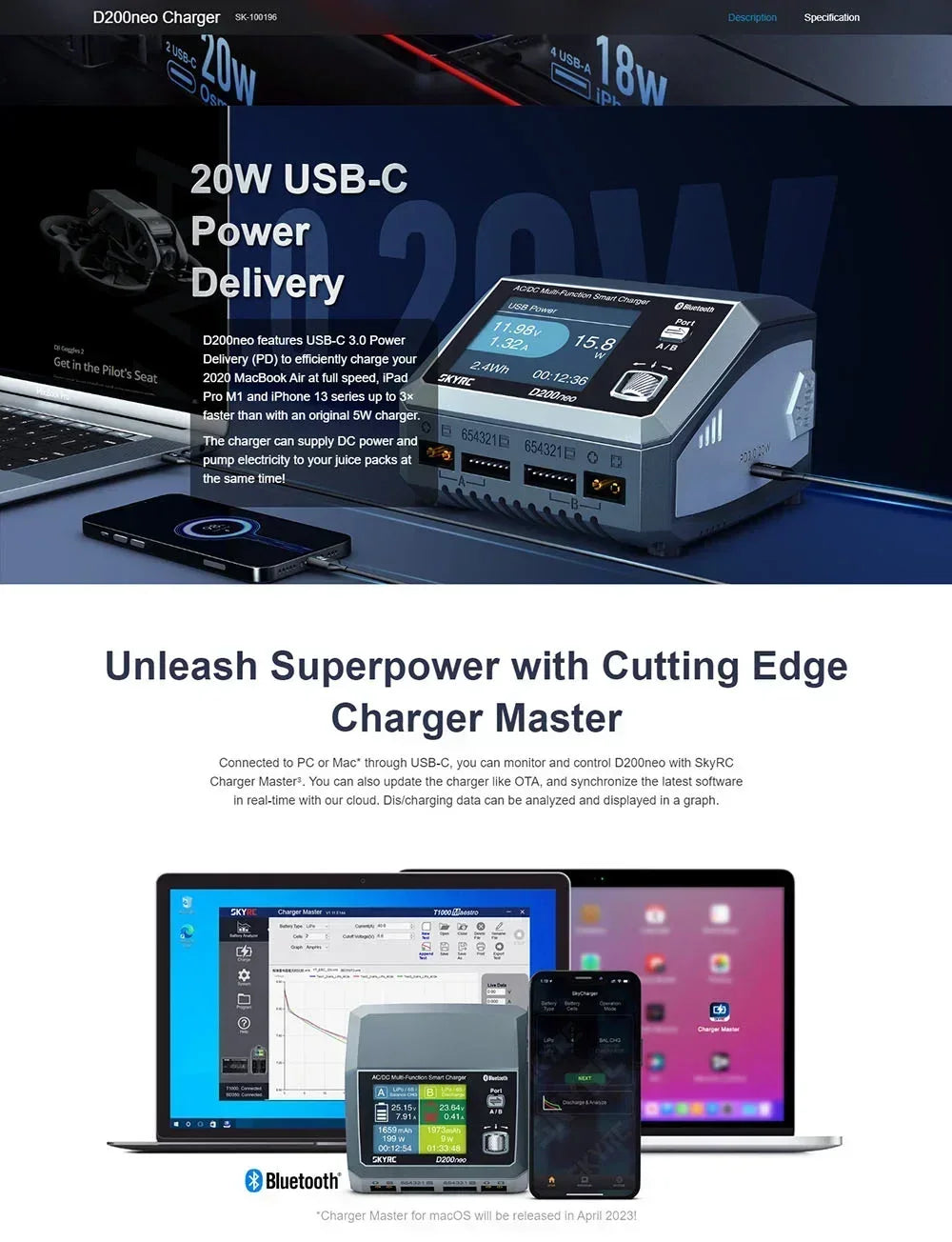SKYRC D200neo AC 200W DC 800W Dual-Power Smart Charger 1-6S Lipo Li-ion LiFe Pb Battery Balance Charger Discharger w/ LCD Scree
