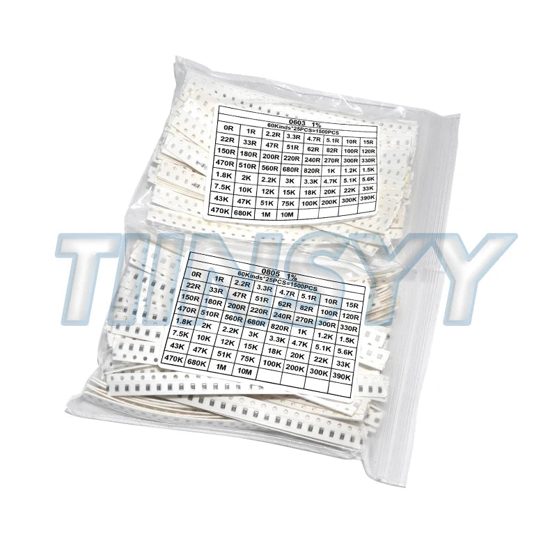 1500PCS/Set Resistors Assorted Set (60 Values X 25Pcs) SMD 0603 0805 0R-10M Ohm 1% High Precision Film Chip Resistance Kit