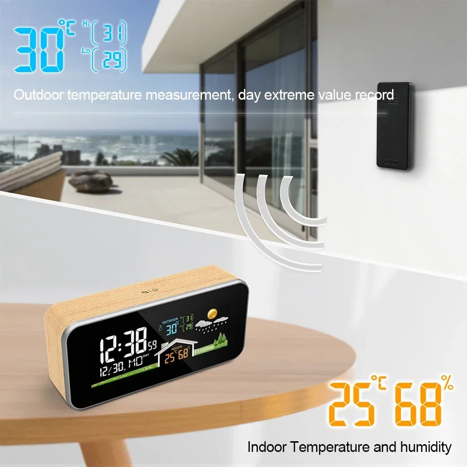 Wooden Wireless Weather Station Alarm Clock - Digital Thermometer Humidity Monitor with Wireless Sensor, Home Desktop TimeWatch