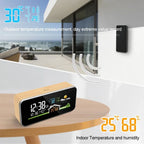 Wooden Wireless Weather Station Alarm Clock - Digital Thermometer Humidity Monitor with Wireless Sensor, Home Desktop TimeWatch