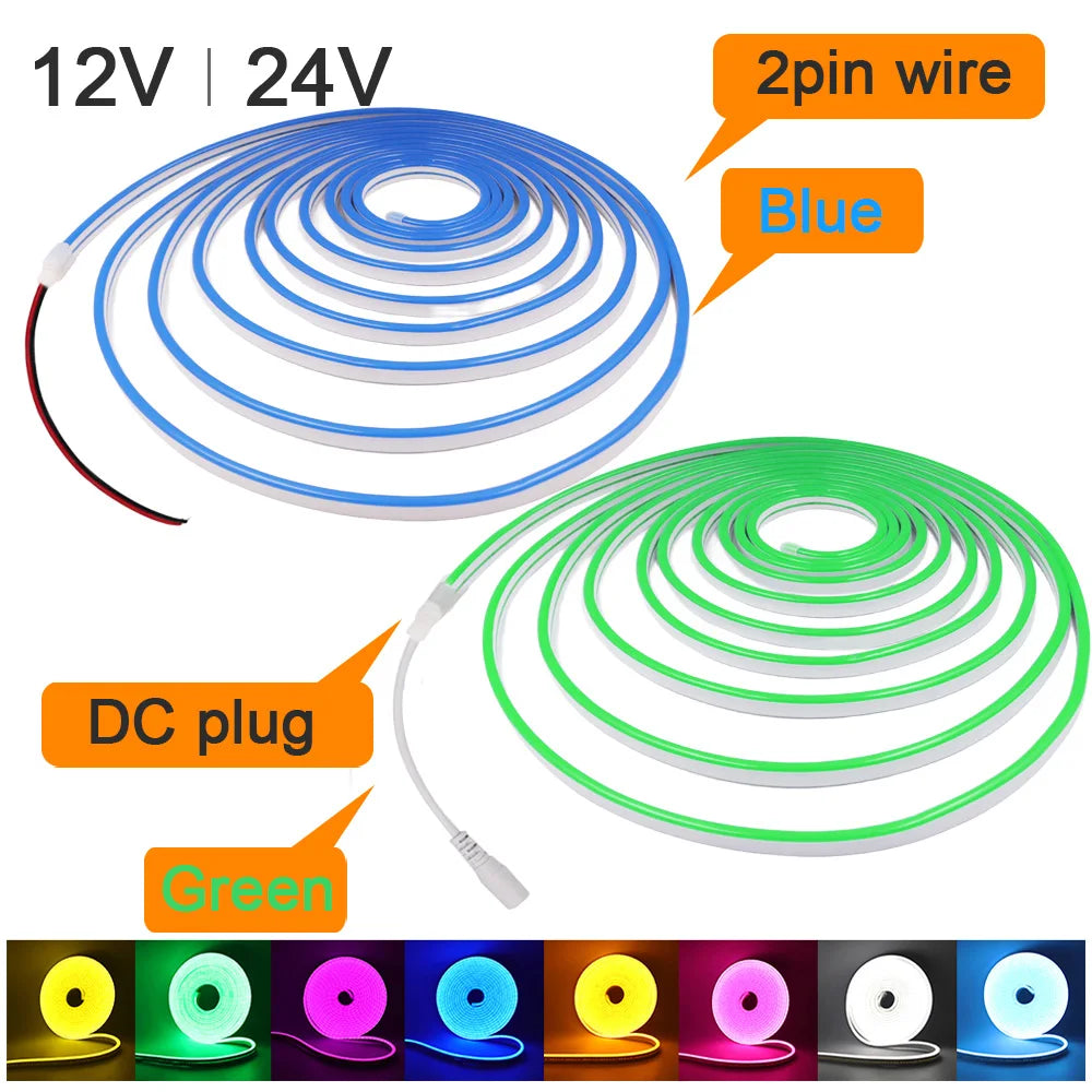 12V 24V LED Neon Light Strip Waterproof Neon Sign 6X12mm Silicone Rope Lights Flexible Lamp Decoration with DC Plug/2pin Wire