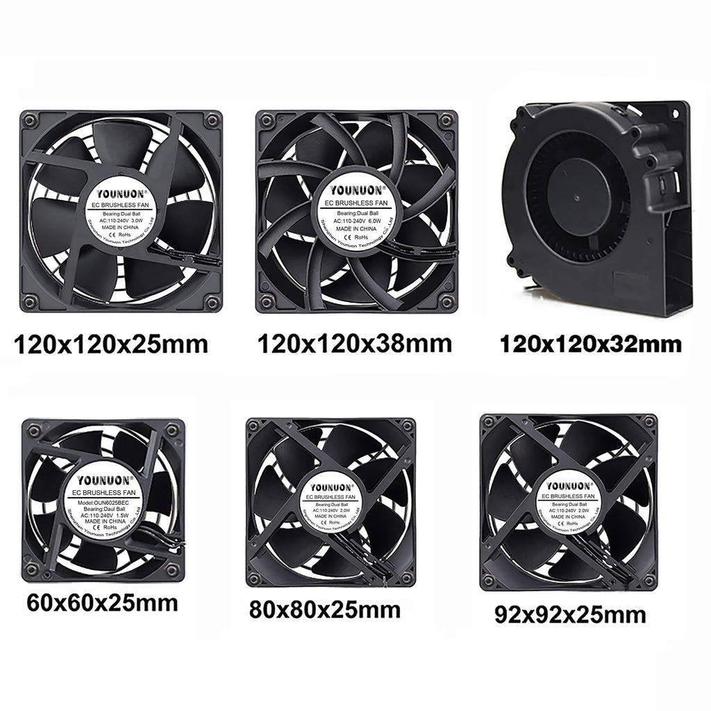 YOUNUON 60mm 80mm 90mm 120mm EC Brushless Fan AC 110V 115V 120V 220V 240V Axial Fan with Srews/Grill 6025 8025 9225 12025 12038